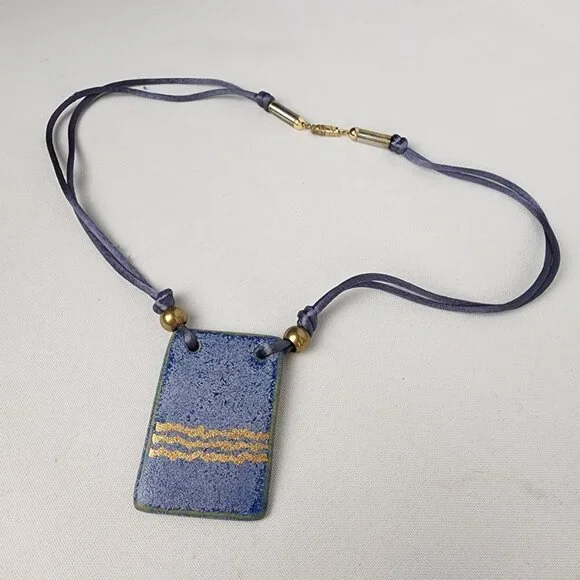 Handmade Blue & Gold Ceramic Pendant Necklace - Picture 2 of 7